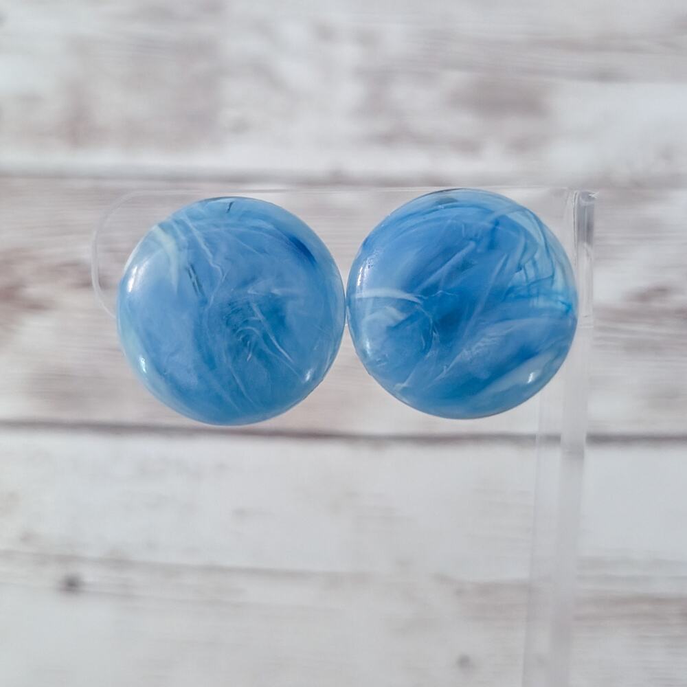Vintage Clip On Earrings 1" Blue Marbled Pattern Circle